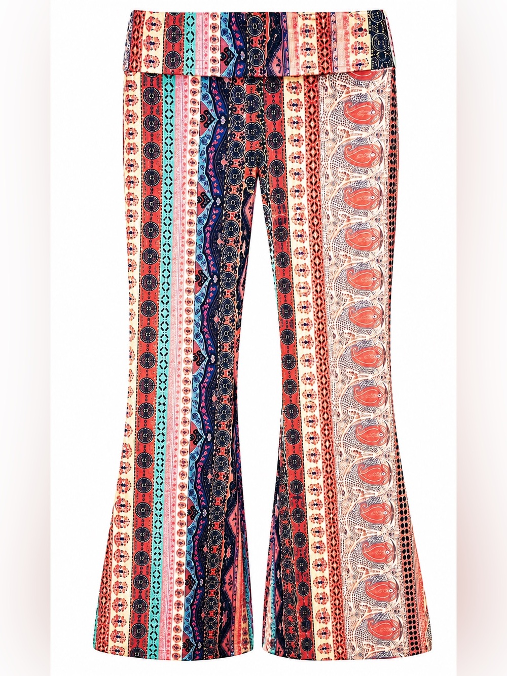 Boho Floral Pants Women's small Striped Cotton Flare Bell Bottom